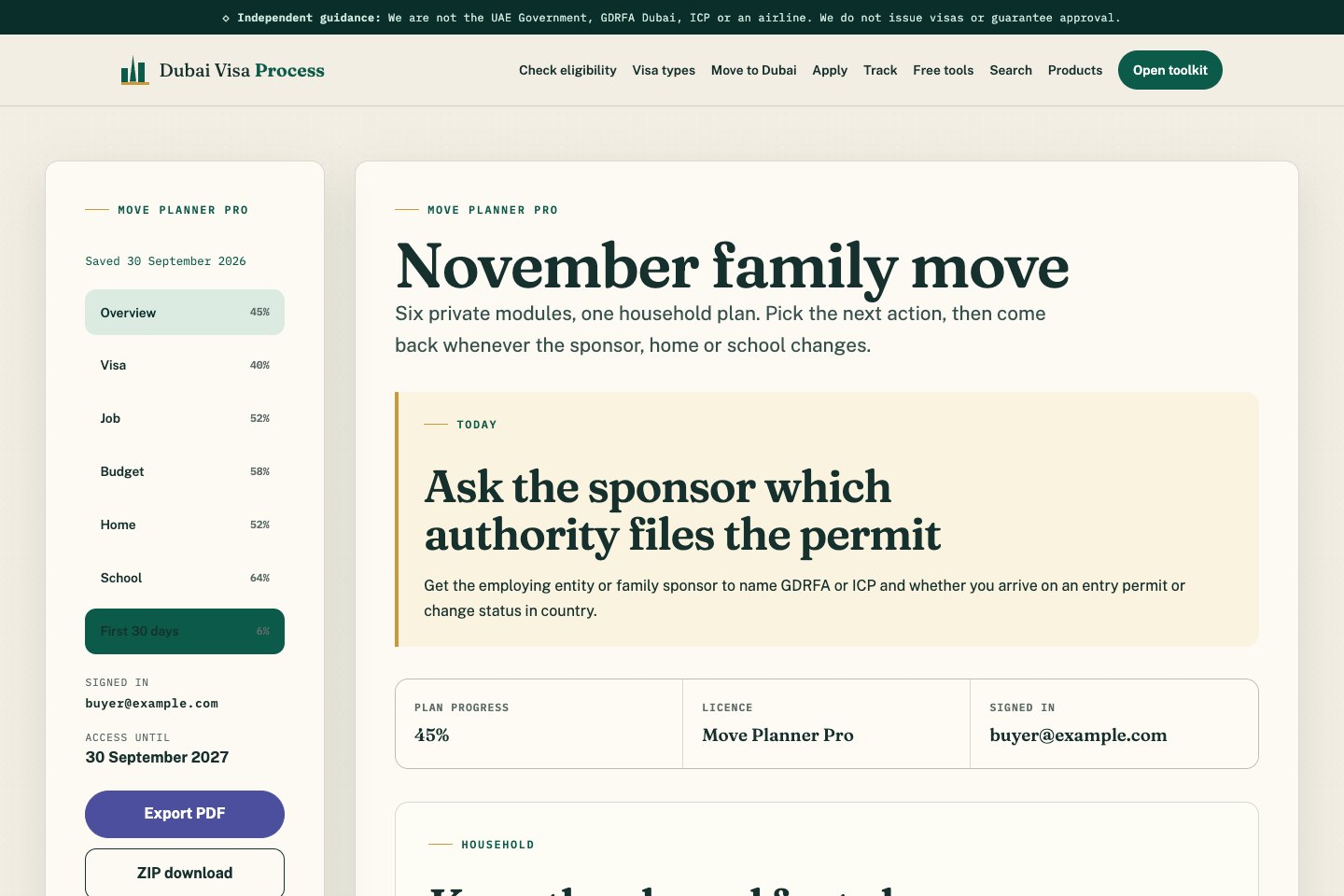 A populated Dubai Move Planner dashboard showing plan progress and the next visa action